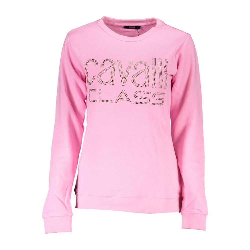 Cavalli Class pink cotton sweater with rhinestone logo, long-sleeved and crew neck, women's fashion.