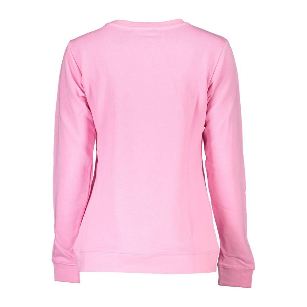 Cavalli Class pink cotton sweater, long sleeved, crew neck with rhinestone logo. Back view of brushed sweatshirt.