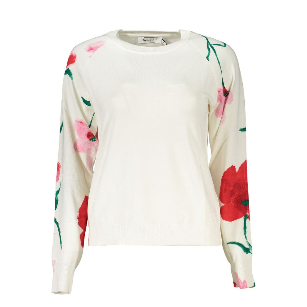 Desigual elegant crew neck sweater with floral contrast details, long sleeves, in white with a chic and stylish design