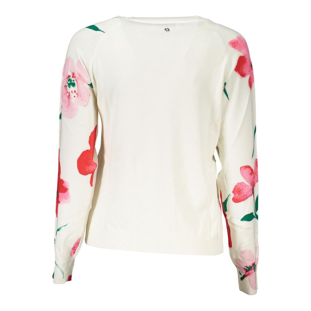 Desigual elegant crew neck sweater with floral contrast details in white, featuring long sleeves and chic design.