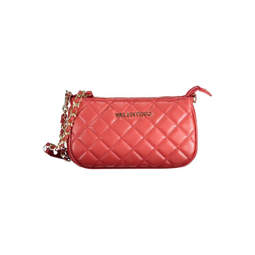 Valentino red polyethylene handbag with chain shoulder strap, internal phone holder, and logo. Elegant design with zip closure.