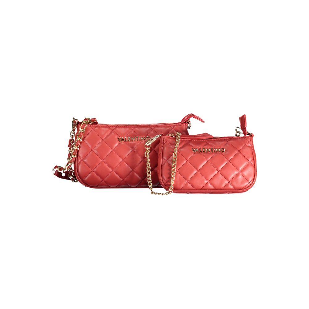 Valentino red polyethylene handbag set with quilted design, features removable chain strap, internal pocket, phone holder, zip closure.