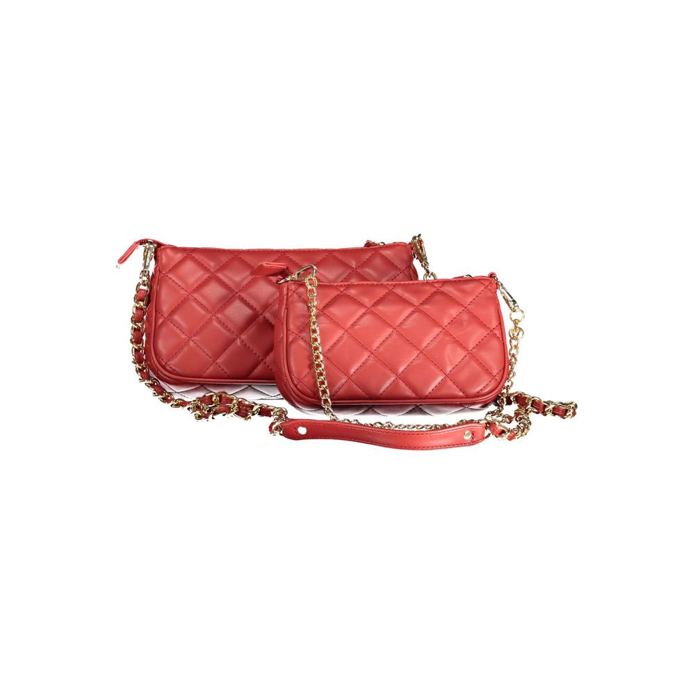 Valentino Bags red polyethylene handbag set with two bags, removable chain handle, internal phone holder, and zip closure.