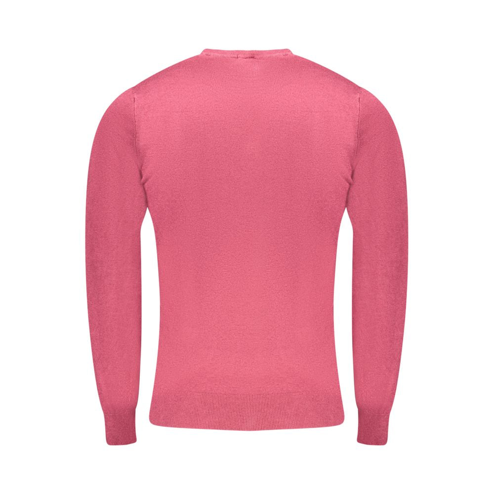 Back view of Cavalli Class Red Viscose Men's Sweater with long sleeves, featuring comfort blend and striking embroidery.