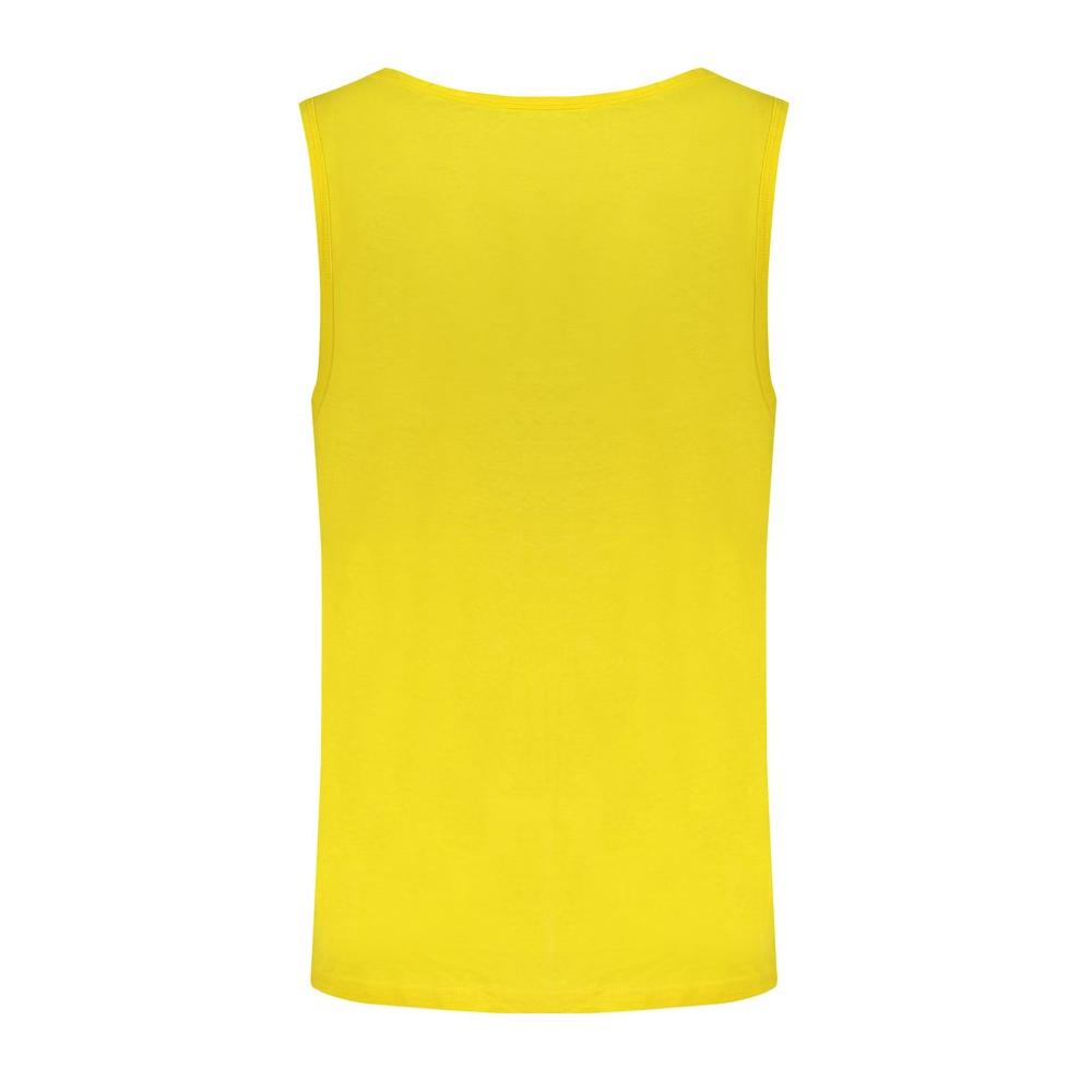 Back view of yellow Norway 1963 cotton tank top with wide shoulders, crew neck, and embroidery logo