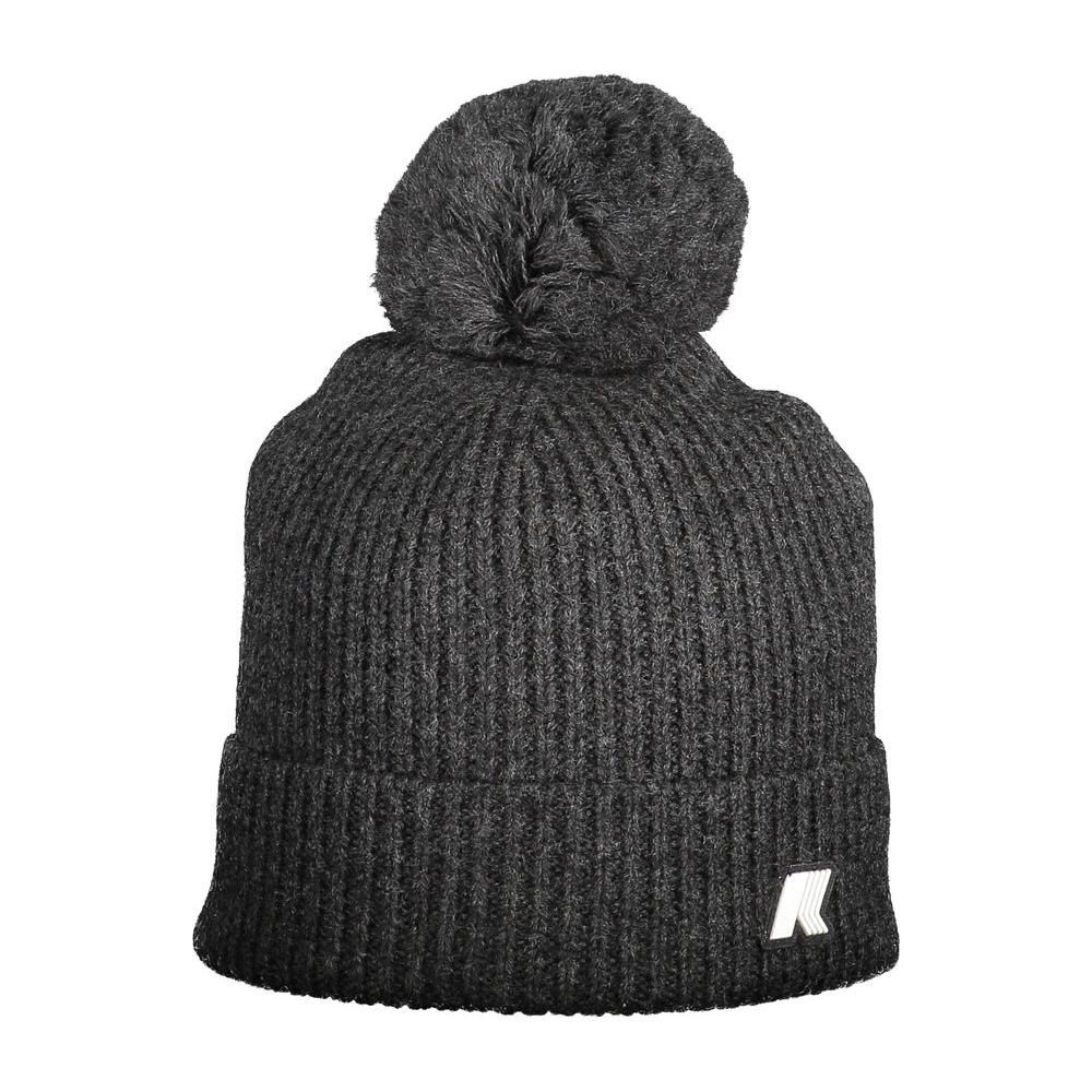 K-WAY brown wool women's hat with pom pom and logo, stylish and warm winter accessory.