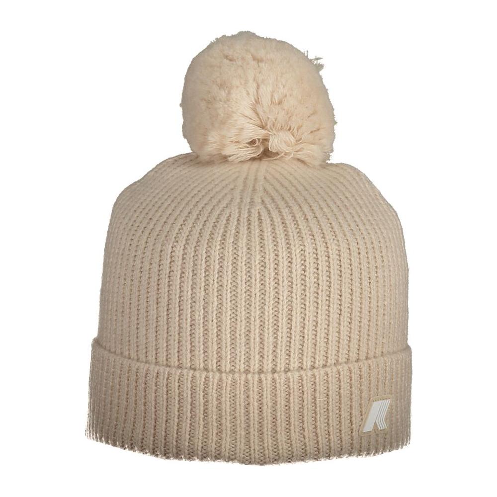 K-WAY pink wool pom pom women's hat featuring warm knit design and distinctive logo, perfect winter accessory for chic style and comfort.