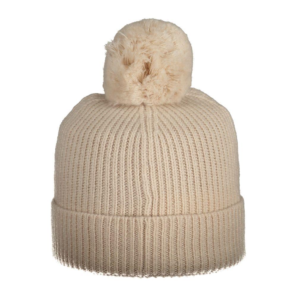 Beige wool hat with pom-pom, offering warmth and style.