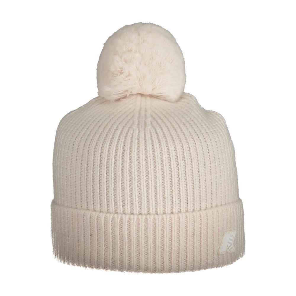 K-WAY pink wool women's hat with pom pom, featuring iconic logo, perfect for stylish winter warmth and contemporary fashion.
