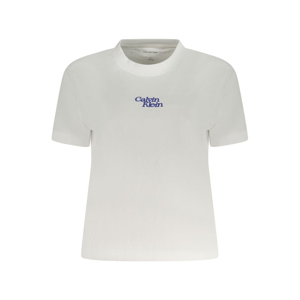 Calvin Klein white cotton women's T-shirt with crew neck and logo print, featuring short sleeves and premium quality craftsmanship.