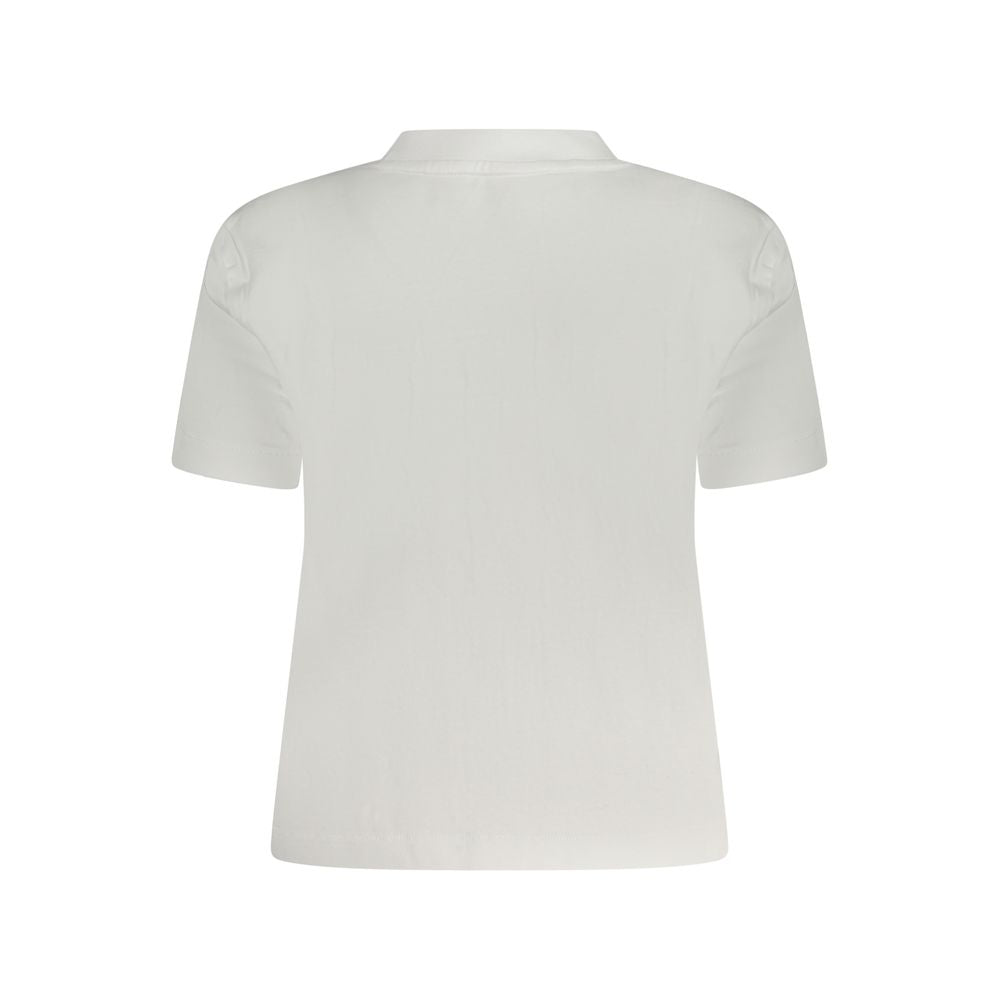 Back view of a Calvin Klein white cotton women's T-shirt with short sleeves, showcasing its simple and elegant design.