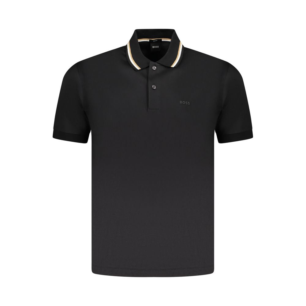 Hugo Boss black cotton slim-fit men's polo shirt with short sleeves, contrasting collar details, and logo print, ideal for a polished look.