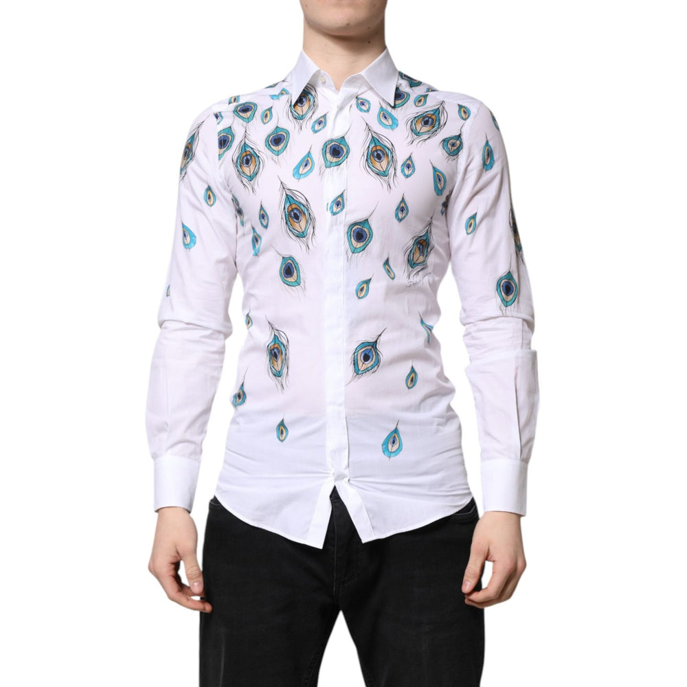 Dolce & Gabbana White Cotton Feather Print GOLD Dress Shirt TSH90445-38