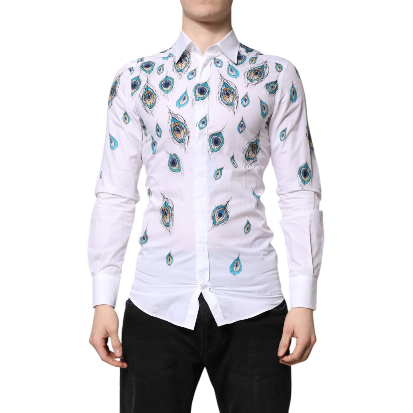 Dolce & Gabbana White Cotton Feather Print GOLD Dress Shirt TSH90445-38