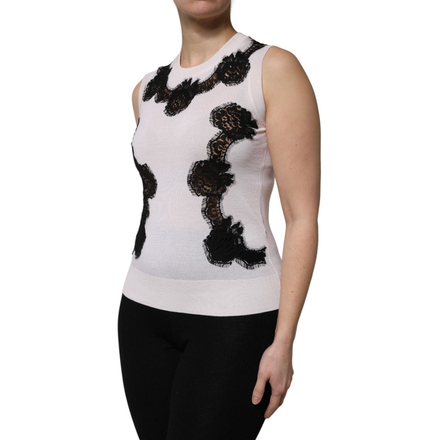 Dolce & Gabbana White Cashmere Floral Lace Detailing Tank Top THS90406-38