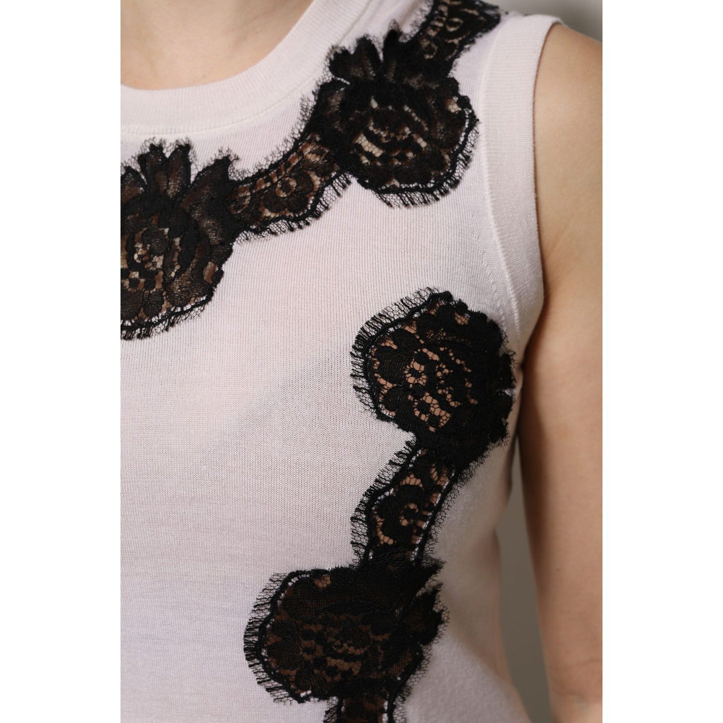 Dolce & Gabbana White Cashmere Floral Lace Detailing Tank Top THS90406-38