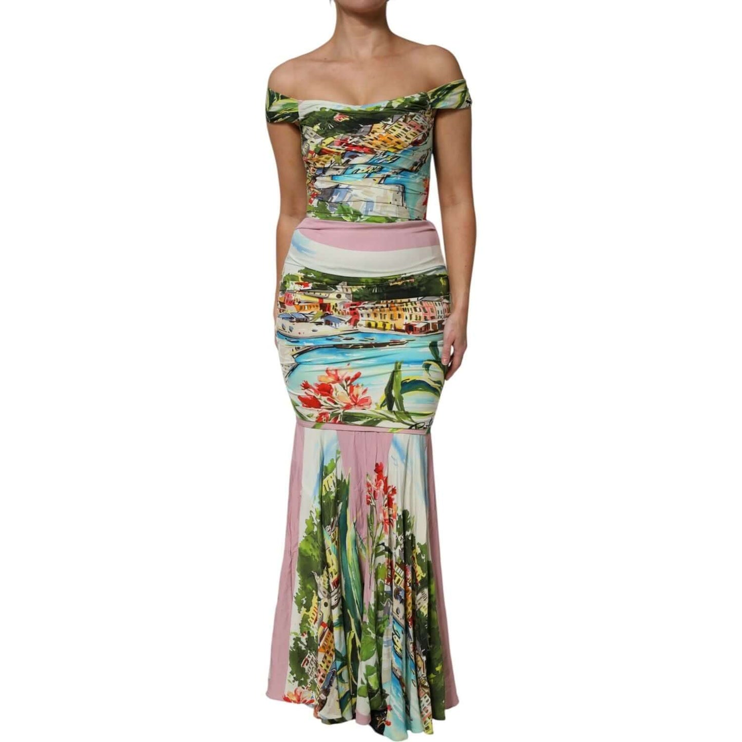Dolce & Gabbana Multicolor Off Shoulder Long Sheath Dress