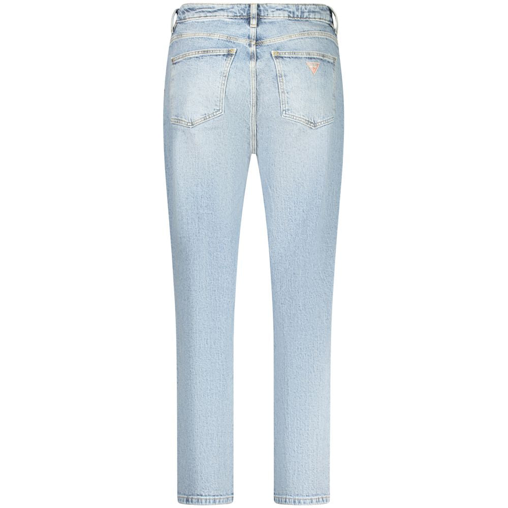 Rear view of Guess Jeans Blue Cotton Women Jeans with high-waisted, tapered silhouette and Guess logo for a stylish look.