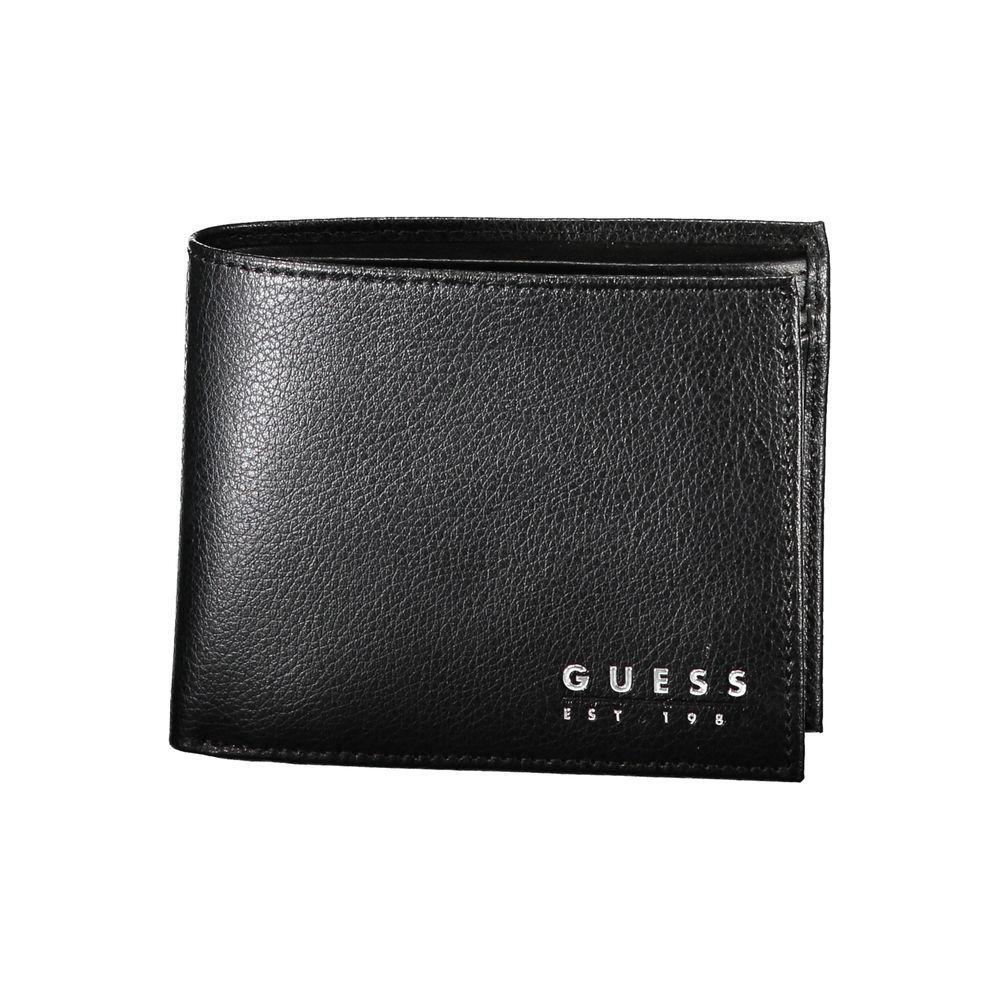 Chic black leather dual-compartment Guess Jeans wallet with logo, perfect for organizing essentials with cardholder and coin purse.