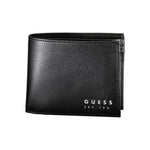 Chic black leather dual-compartment Guess Jeans wallet with logo, perfect for organizing essentials with cardholder and coin purse.