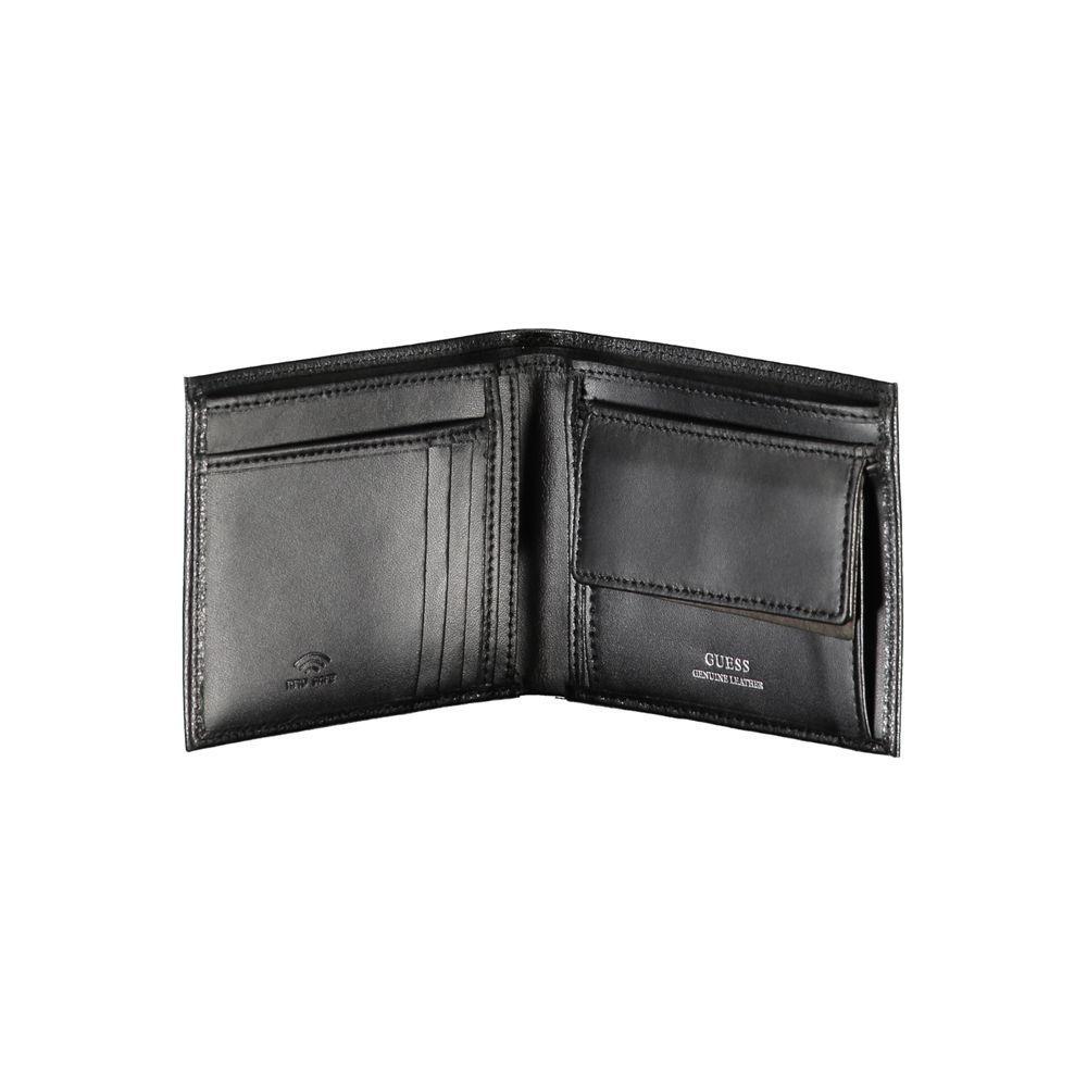 Guess Jeans black leather wallet open, showing dual compartments, cardholder spaces, coin purse, and logo, made from 100% leather.