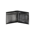 Guess Jeans black leather wallet open, showing dual compartments, cardholder spaces, coin purse, and logo, made from 100% leather.
