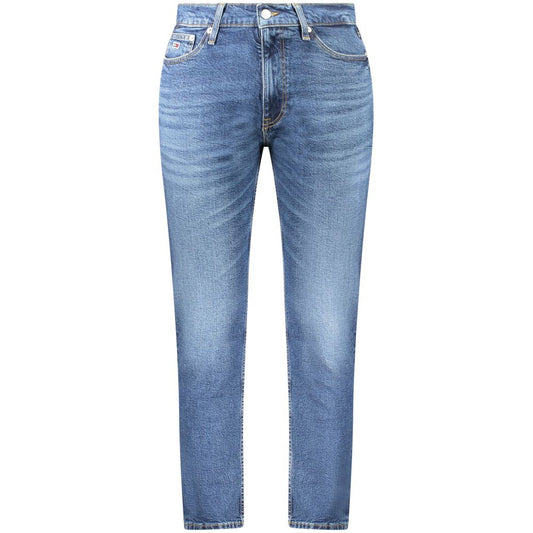 Tommy Hilfiger Blue Cotton Men Jeans with regular tapered fit and washed effect, featuring 5 pockets and sustainable cotton blend design.