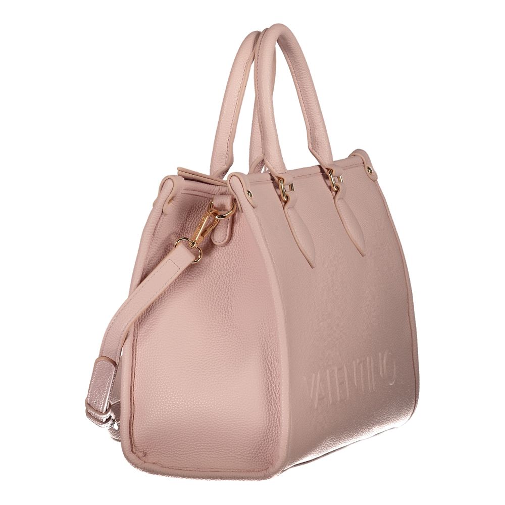 Mario Valentino Pink Polyethylene Handbag with adjustable strap, internal pocket, and logo; view of handbag's side and handles.