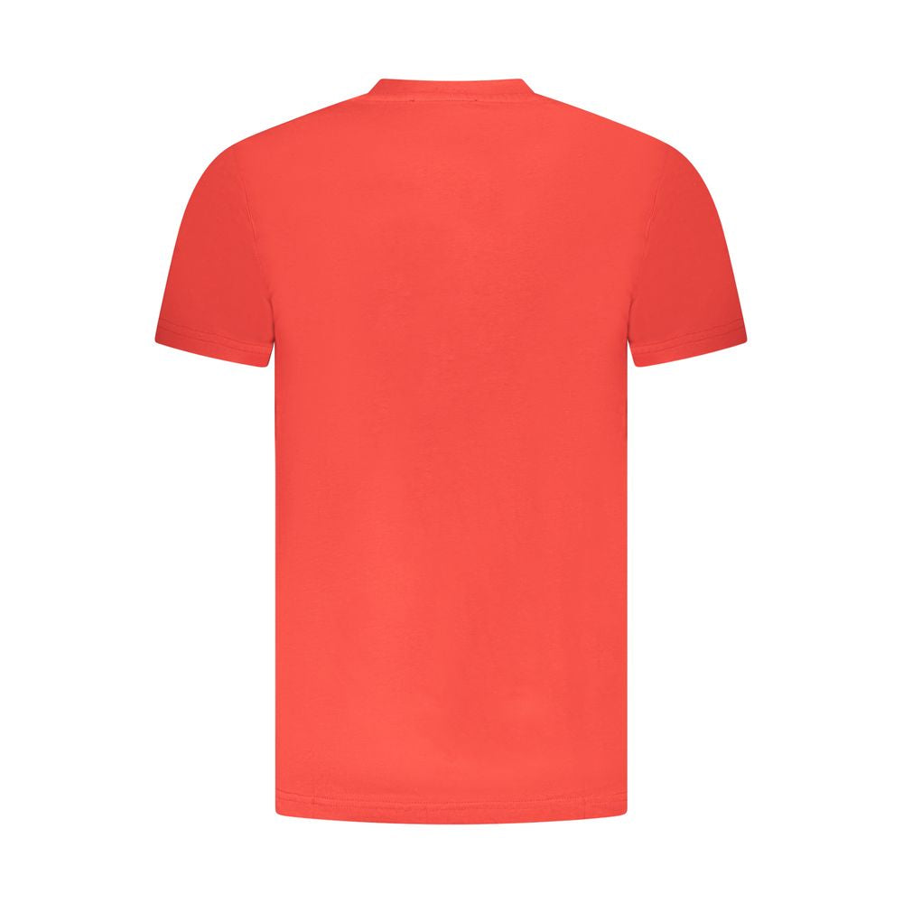 Cavalli Class Red Cotton Men T-Shirt in bold red with crew neck, rear view showing short sleeves and fine cotton texture