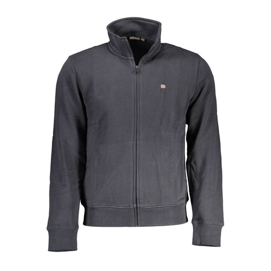 Napapijri Black Cotton Men Sweater with embroidery, zip-up front, two pockets, and logo.