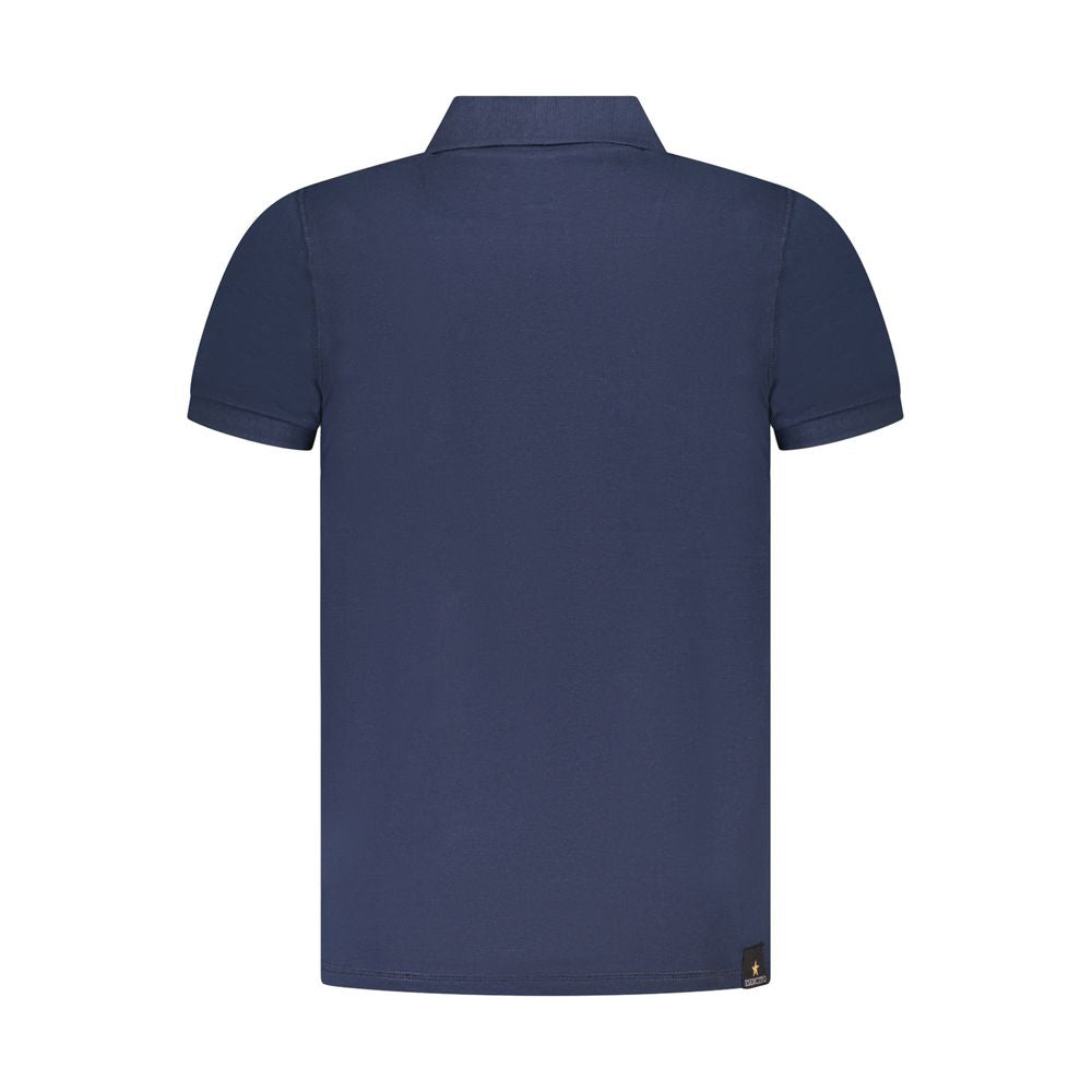Back view of Accademia Militare Blue Cotton Polo Shirt with short sleeves and 3 buttons, featuring logo and print details.