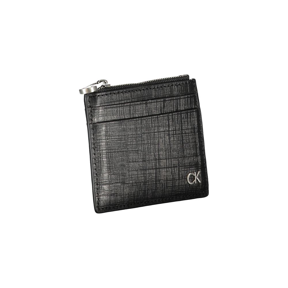 Calvin Klein Black Leather Wallet with card holder, central pocket, zip closure, and logo