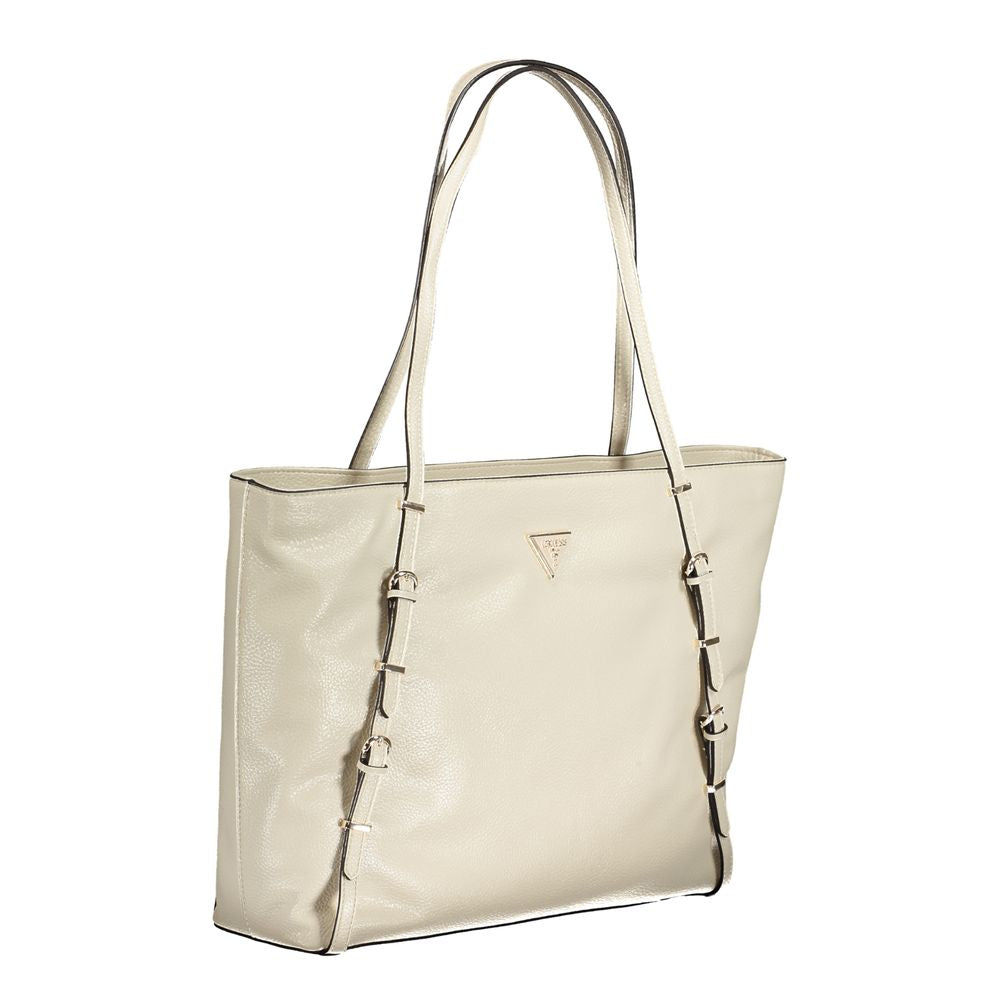 Alt Tag: Guess Jeans Beige Polyethylene Handbag with dual shoulder handles, external pocket, internal compartments, and contrasting details.