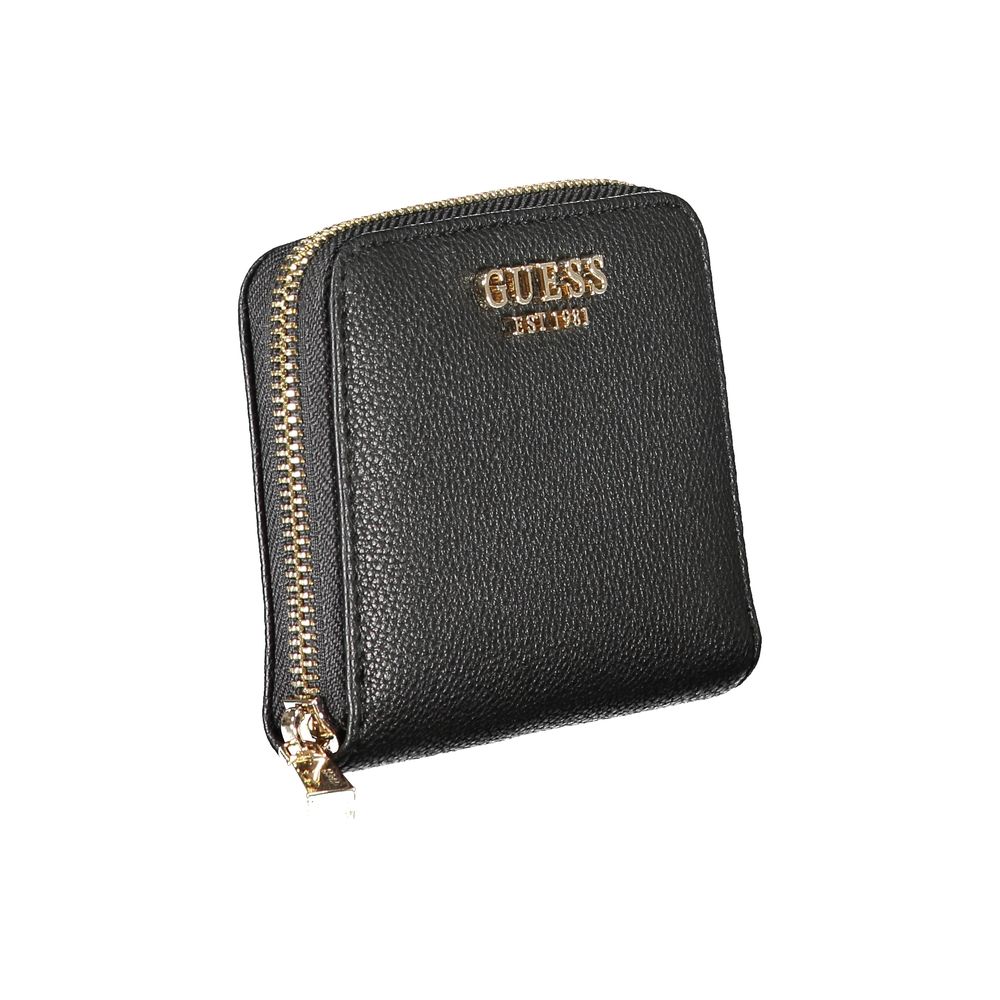 Alt Tag: Guess Jeans Black Polyethylene Wallet with zip closure in a sleek design featuring logo, card spaces, and coin purse.