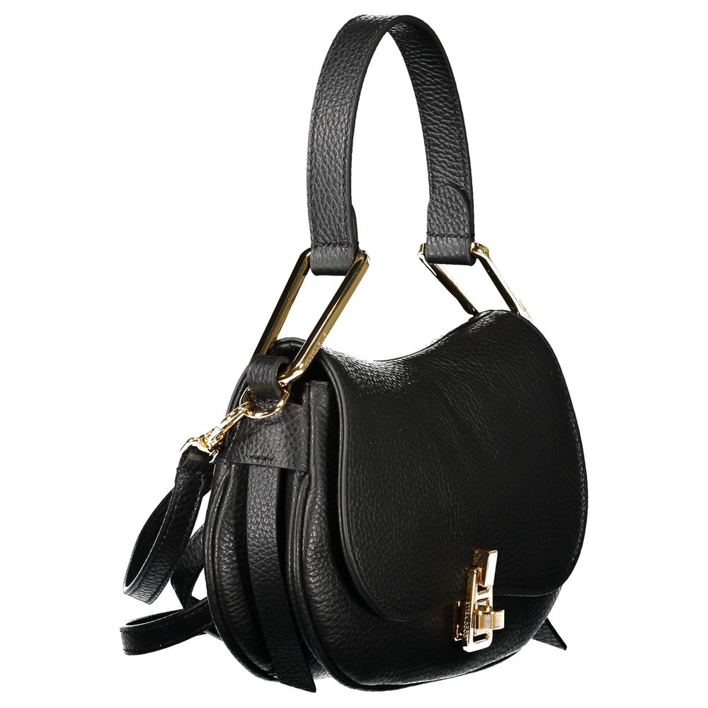 Coccinelle Black Leather Handbag with single handle, adjustable strap, internal pocket, and twist closure, featuring the logo.