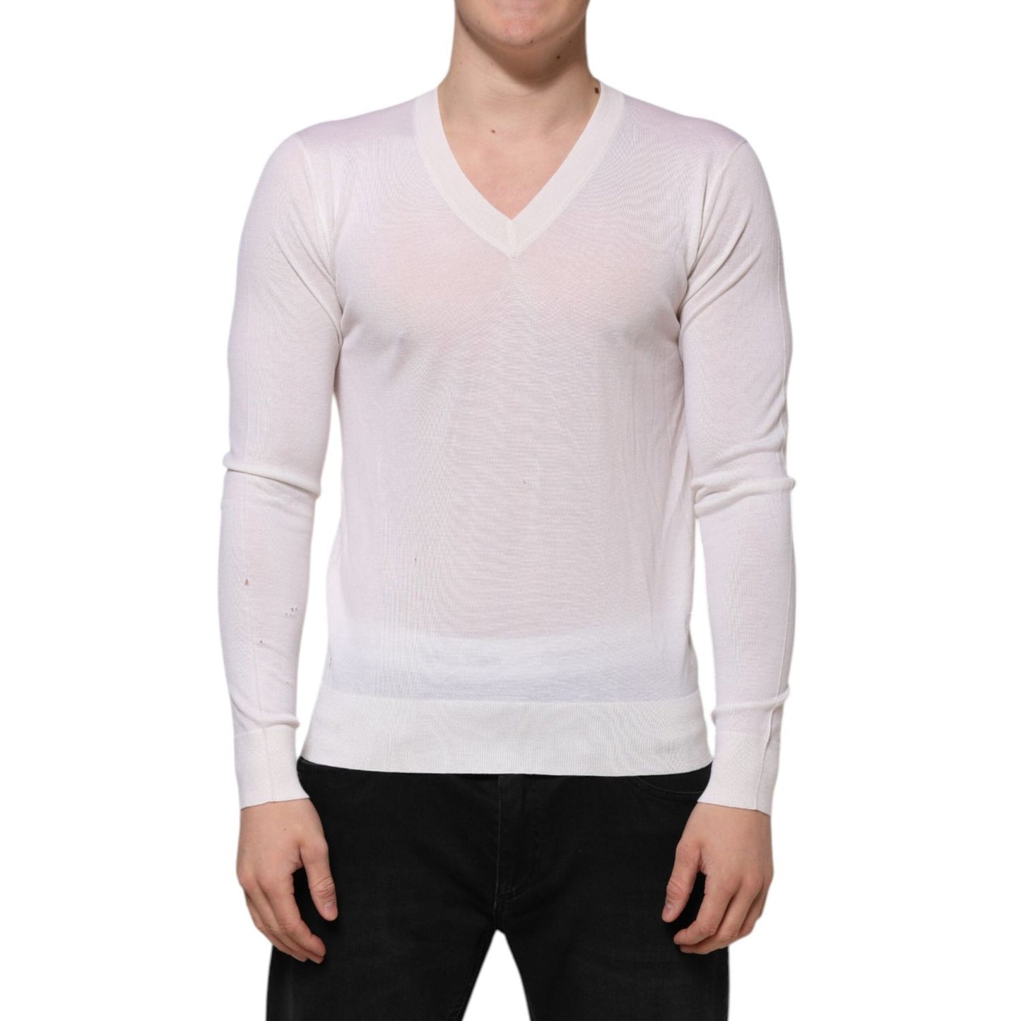 Dolce & Gabbana White Cashmere Logo V-neck Pullover Sweater TSH90551-46