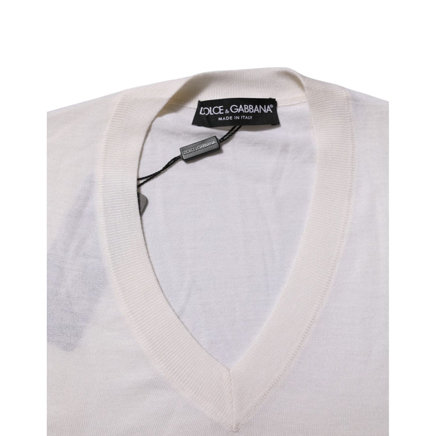 Dolce & Gabbana White Cashmere Logo V-neck Pullover Sweater TSH90551-46