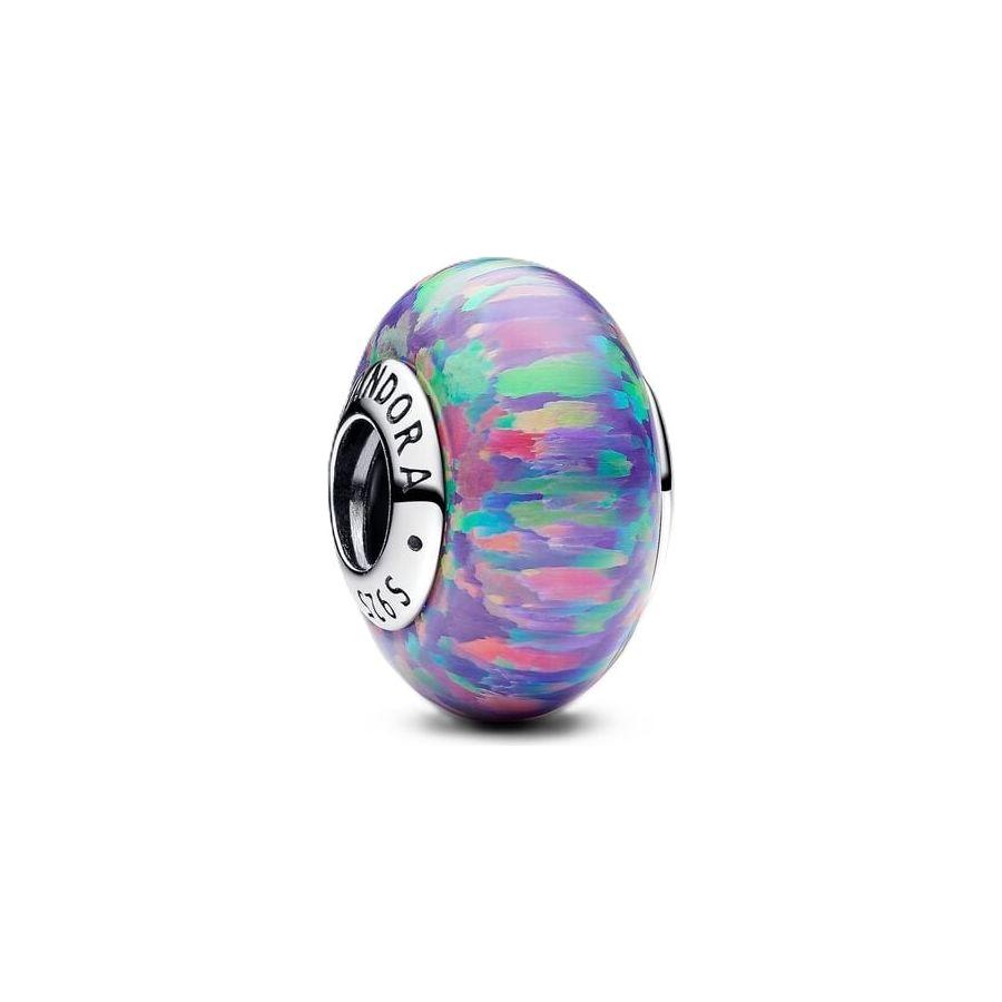 PANDORA 791691C05 colorful opalescent charm bead with abstract pattern and logo detailing.