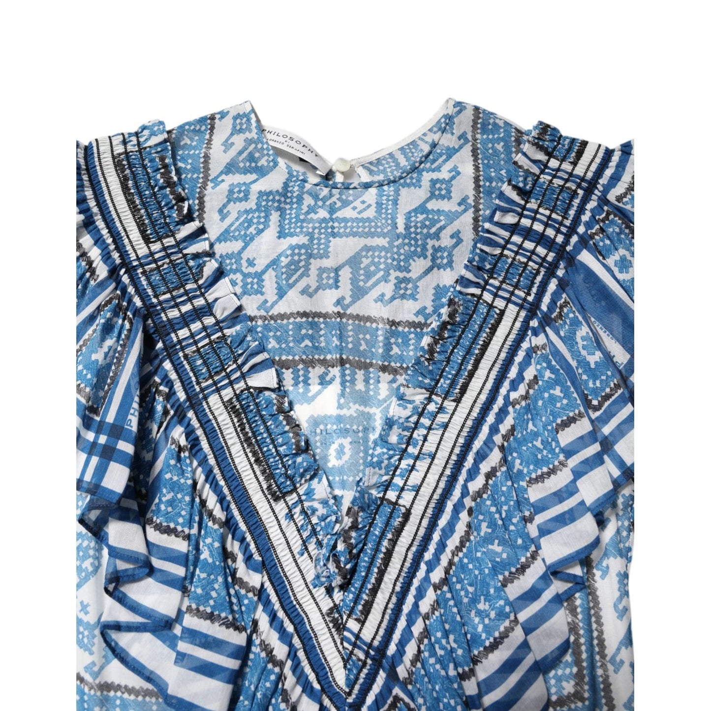 Philosophy di Lorenzo Serafini Blue Patterned Layered Short Sleeves Mini Dress DR281378-38