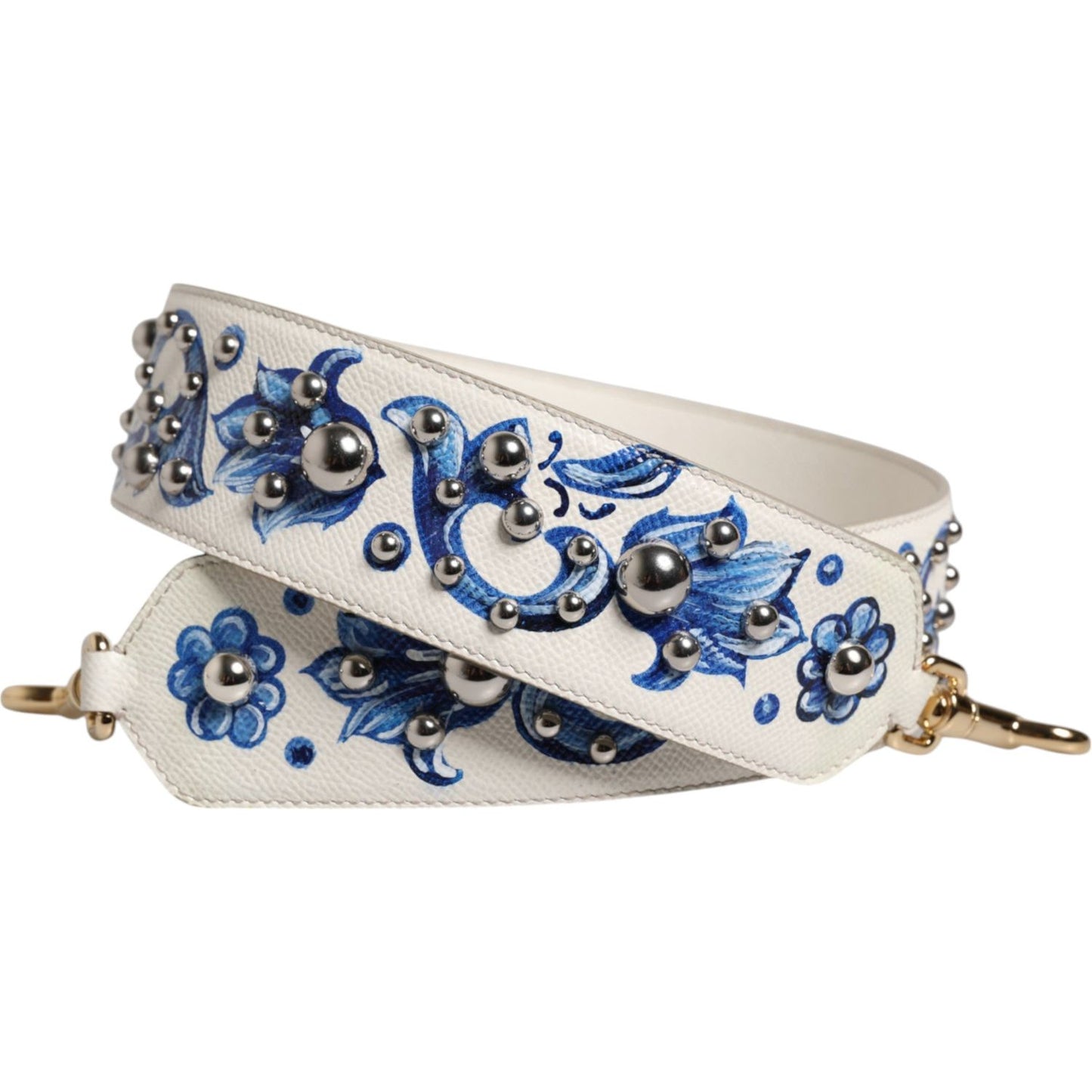 Dolce & Gabbana White Blue Floral Leather Stud Accessory Shoulder Strap