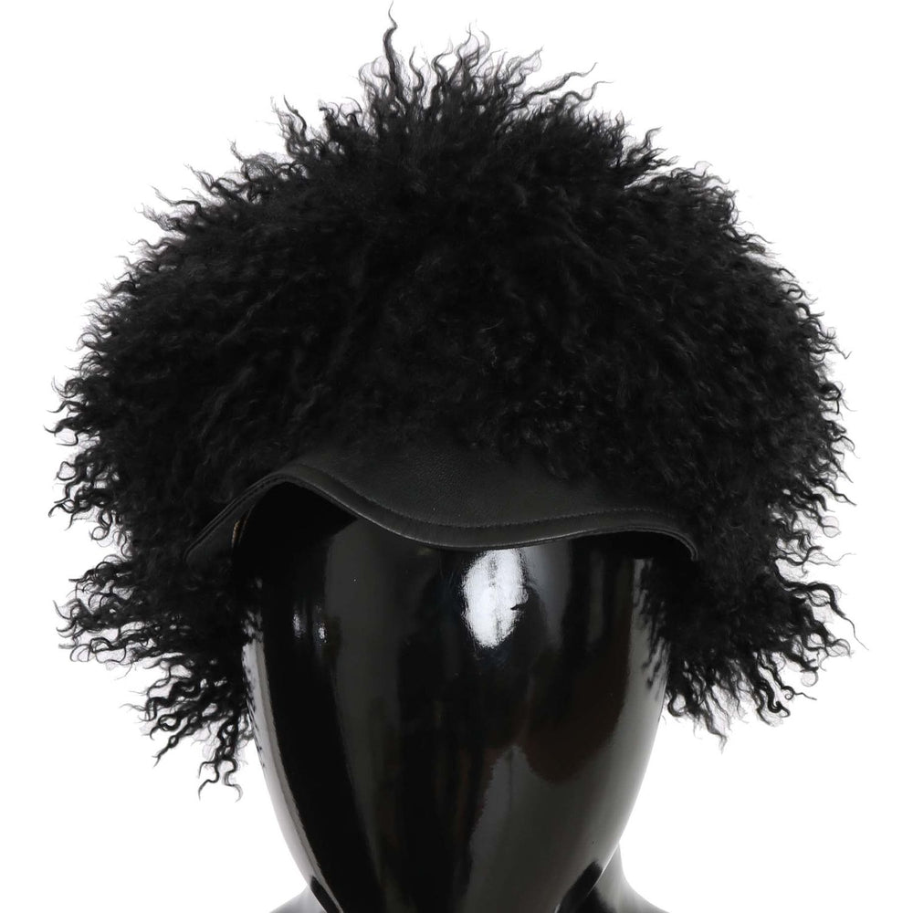 Dolce & Gabbana Black Tibet Lamb Fur Leather Gatsby Hat HAT70216-56