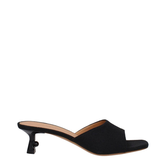 Off-White Black Linen Flat Sandals with mid heels and open toe, featuring a leather sole and 5 cm heel height.