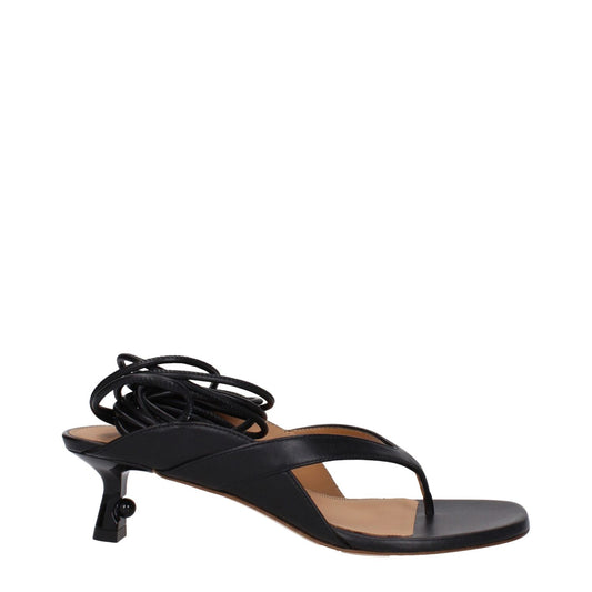 Off-White Black Leather Flip-Flop Sandals with self-tie closure, mid heels, and open toe design. MPN: OWIH057LEA0011009.