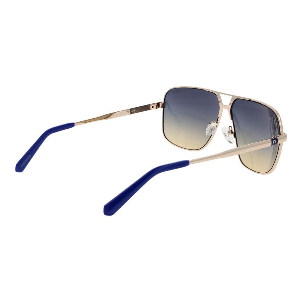 Guess Silver Metal Sunglasses with full-rim aviator design, blue gradient lenses, metal frame, and branded case included.