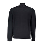 Napapijri Black Fabric Sweater, long sleeve cardigan with zip and embroidery logo, rear view.