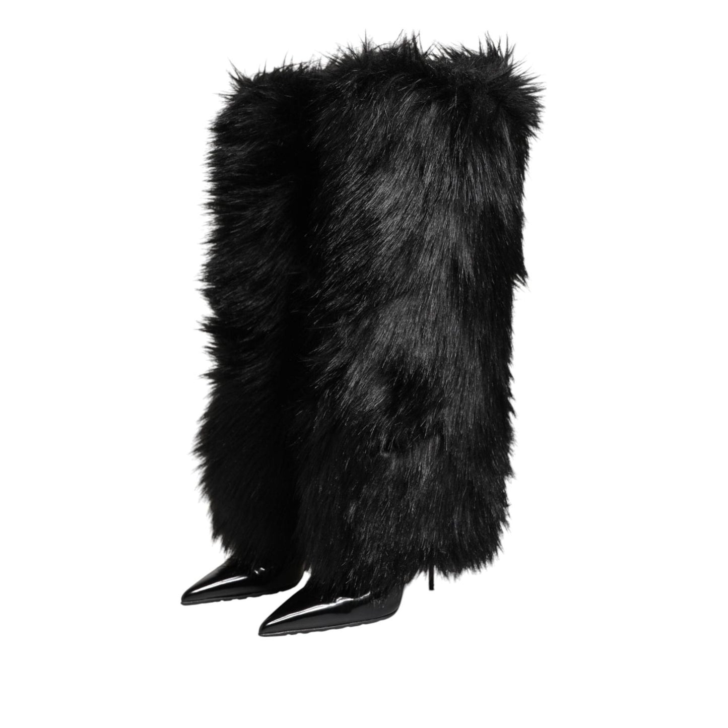 Dolce & Gabbana Black Faux Fur Pointed Knee High Stiletto Boots Shoes