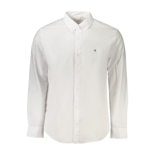Calvin Klein White Cotton Men Shirt with button-down collar and logo embroidery, classic fit long-sleeve, perfect for modern sophistication.
