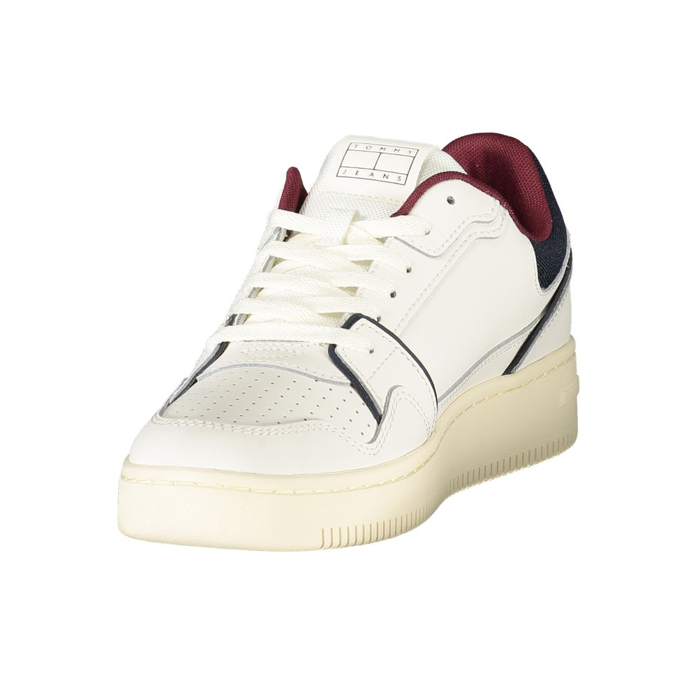Tommy Hilfiger White Leather Men Sneaker with bold contrasting details and iconic logo, perfect for comfort and style.