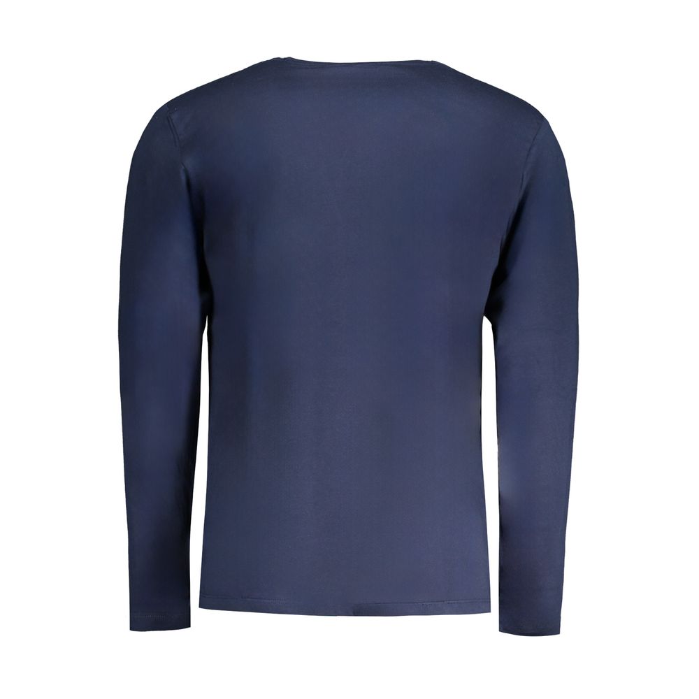 Back view of Pepe Jeans Blue Cotton T-Shirt, long-sleeved, crew neck, regular fit, with logo print made of 100% sustainable cotton.