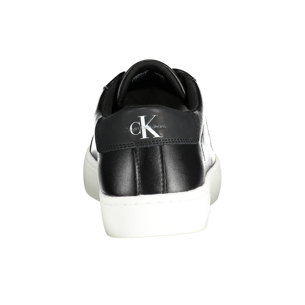 Calvin Klein Black Polyester Sneaker with contrasting details and logo, made from 50% recycled polyester. Rear view of sports shoe.